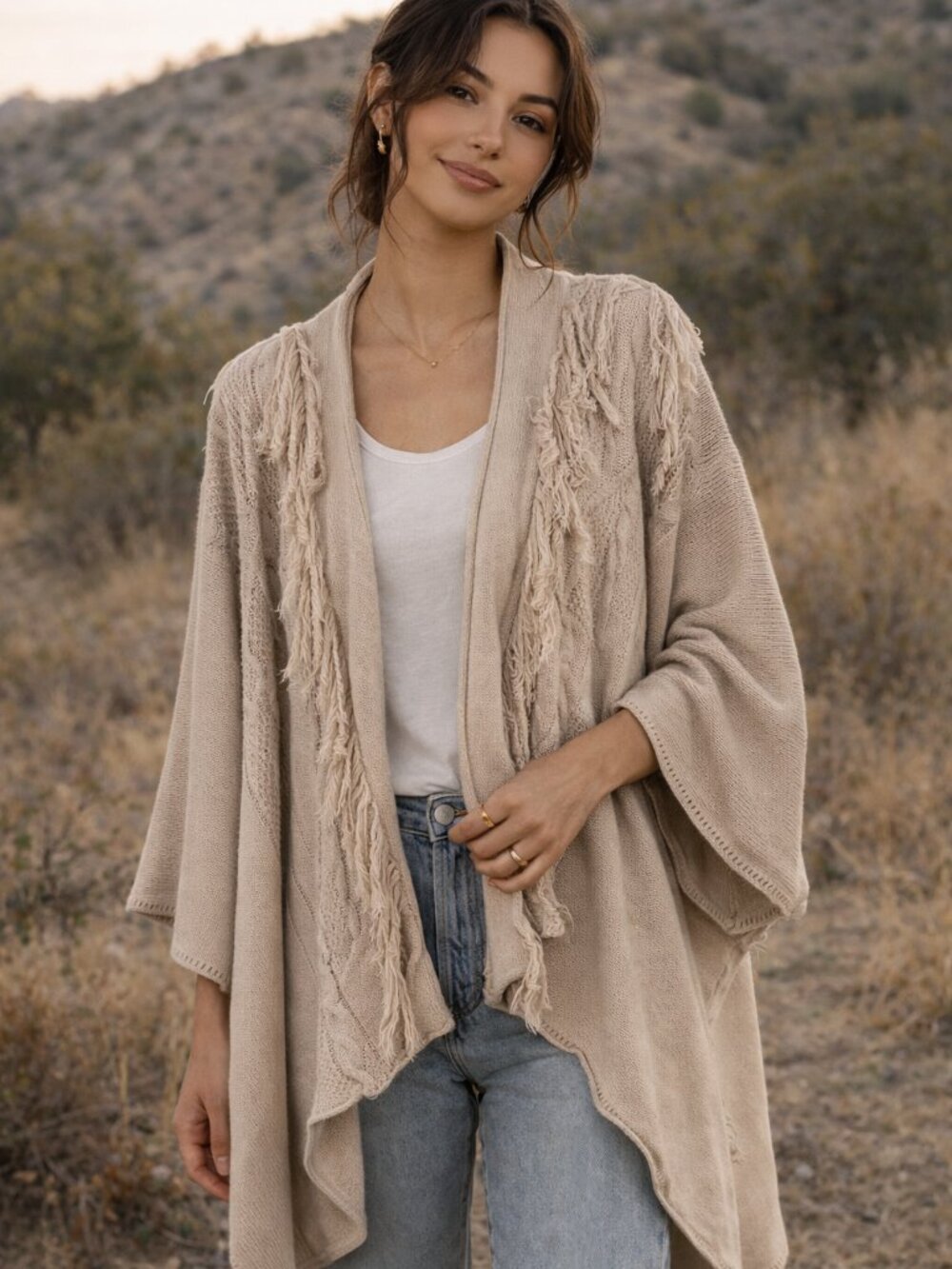 NWOT Muan Full Moon Cotton Blend Open Front Fringe Cardigan OS